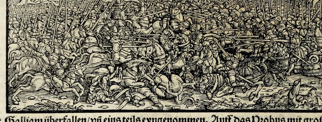 An illustration from Gemeiner loblicher Eydgnoschafft Stetten, Landen vnd Völckeren Chronick wirdiger Thaaten Beschreybung : hieriñ wirt auch die Gelegenheit der gantzen Europe : item ein kurtzuer griffne Chronica Germanie oder Teütschlands : in sonders aber ein fleyssige histori vnd ordenliche Beschreybung Gallie oder Franckrychs fürgestellt : darauff deñ obgedachte der Eydgnoschafft Beschreybung volget ..., 1548, leaf 328