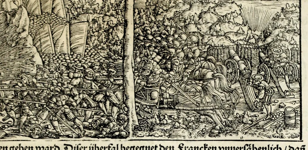 An illustration from Gemeiner loblicher Eydgnoschafft Stetten, Landen vnd Völckeren Chronick wirdiger Thaaten Beschreybung : hieriñ wirt auch die Gelegenheit der gantzen Europe : item ein kurtzuer griffne Chronica Germanie oder Teütschlands : in sonders aber ein fleyssige histori vnd ordenliche Beschreybung Gallie oder Franckrychs fürgestellt : darauff deñ obgedachte der Eydgnoschafft Beschreybung volget ..., 1548, leaf 339
