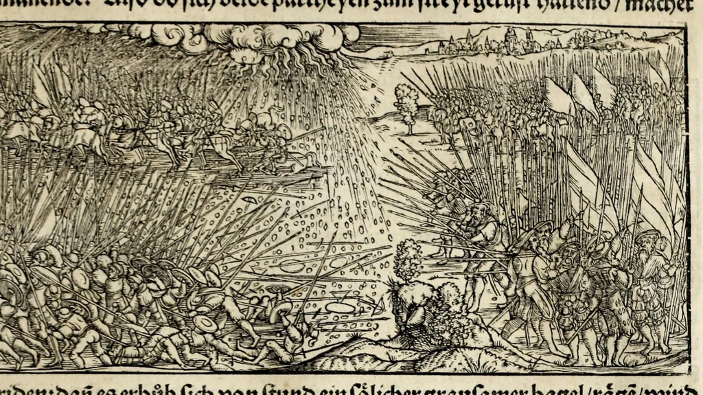 An illustration from Gemeiner loblicher Eydgnoschafft Stetten, Landen vnd Völckeren Chronick wirdiger Thaaten Beschreybung : hieriñ wirt auch die Gelegenheit der gantzen Europe : item ein kurtzuer griffne Chronica Germanie oder Teütschlands : in sonders aber ein fleyssige histori vnd ordenliche Beschreybung Gallie oder Franckrychs fürgestellt : darauff deñ obgedachte der Eydgnoschafft Beschreybung volget ..., 1548, leaf 389