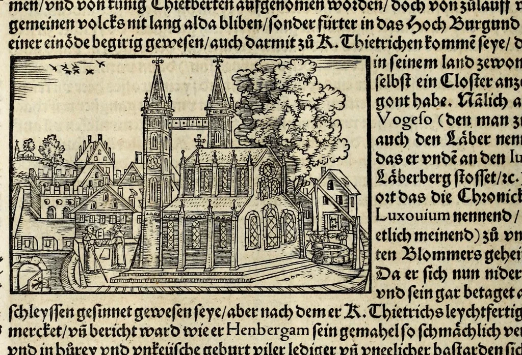 An illustration from Gemeiner loblicher Eydgnoschafft Stetten, Landen vnd Völckeren Chronick wirdiger Thaaten Beschreybung : hieriñ wirt auch die Gelegenheit der gantzen Europe : item ein kurtzuer griffne Chronica Germanie oder Teütschlands : in sonders aber ein fleyssige histori vnd ordenliche Beschreybung Gallie oder Franckrychs fürgestellt : darauff deñ obgedachte der Eydgnoschafft Beschreybung volget ..., 1548, leaf 414