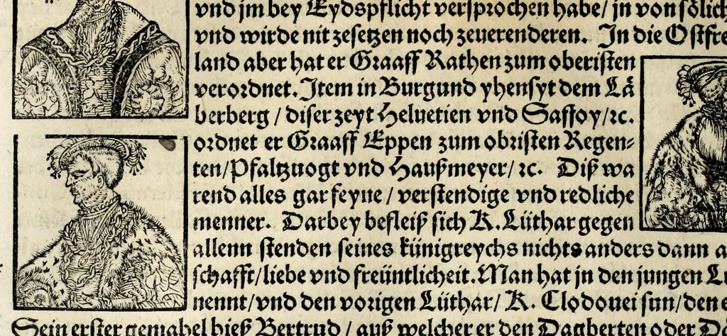 An illustration from Gemeiner loblicher Eydgnoschafft Stetten, Landen vnd Völckeren Chronick wirdiger Thaaten Beschreybung : hieriñ wirt auch die Gelegenheit der gantzen Europe : item ein kurtzuer griffne Chronica Germanie oder Teütschlands : in sonders aber ein fleyssige histori vnd ordenliche Beschreybung Gallie oder Franckrychs fürgestellt : darauff deñ obgedachte der Eydgnoschafft Beschreybung volget ..., 1548, leaf 420