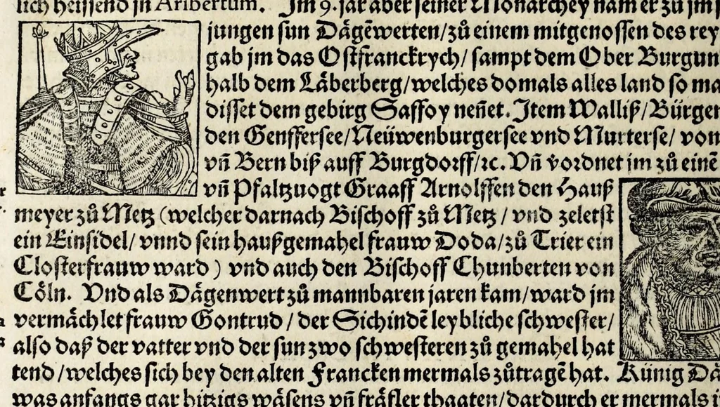 An illustration from Gemeiner loblicher Eydgnoschafft Stetten, Landen vnd Völckeren Chronick wirdiger Thaaten Beschreybung : hieriñ wirt auch die Gelegenheit der gantzen Europe : item ein kurtzuer griffne Chronica Germanie oder Teütschlands : in sonders aber ein fleyssige histori vnd ordenliche Beschreybung Gallie oder Franckrychs fürgestellt : darauff deñ obgedachte der Eydgnoschafft Beschreybung volget ..., 1548, leaf 420