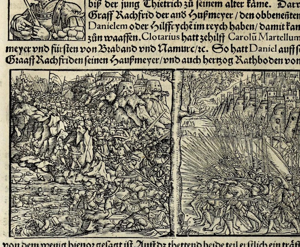 An illustration from Gemeiner loblicher Eydgnoschafft Stetten, Landen vnd Völckeren Chronick wirdiger Thaaten Beschreybung : hieriñ wirt auch die Gelegenheit der gantzen Europe : item ein kurtzuer griffne Chronica Germanie oder Teütschlands : in sonders aber ein fleyssige histori vnd ordenliche Beschreybung Gallie oder Franckrychs fürgestellt : darauff deñ obgedachte der Eydgnoschafft Beschreybung volget ..., 1548, leaf 434