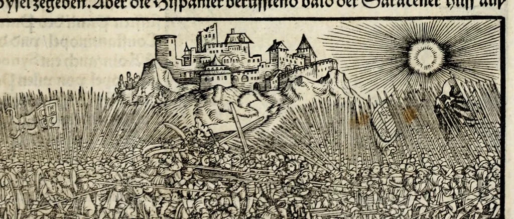 An illustration from Gemeiner loblicher Eydgnoschafft Stetten, Landen vnd Völckeren Chronick wirdiger Thaaten Beschreybung : hieriñ wirt auch die Gelegenheit der gantzen Europe : item ein kurtzuer griffne Chronica Germanie oder Teütschlands : in sonders aber ein fleyssige histori vnd ordenliche Beschreybung Gallie oder Franckrychs fürgestellt : darauff deñ obgedachte der Eydgnoschafft Beschreybung volget ..., 1548, leaf 447