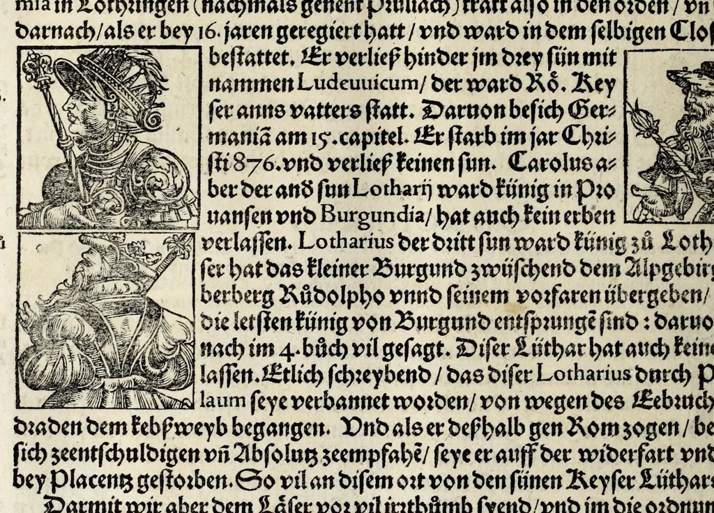 An illustration from Gemeiner loblicher Eydgnoschafft Stetten, Landen vnd Völckeren Chronick wirdiger Thaaten Beschreybung : hieriñ wirt auch die Gelegenheit der gantzen Europe : item ein kurtzuer griffne Chronica Germanie oder Teütschlands : in sonders aber ein fleyssige histori vnd ordenliche Beschreybung Gallie oder Franckrychs fürgestellt : darauff deñ obgedachte der Eydgnoschafft Beschreybung volget ..., 1548, leaf 470