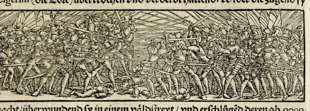 An illustration from Gemeiner loblicher Eydgnoschafft Stetten, Landen vnd Völckeren Chronick wirdiger Thaaten Beschreybung : hieriñ wirt auch die Gelegenheit der gantzen Europe : item ein kurtzuer griffne Chronica Germanie oder Teütschlands : in sonders aber ein fleyssige histori vnd ordenliche Beschreybung Gallie oder Franckrychs fürgestellt : darauff deñ obgedachte der Eydgnoschafft Beschreybung volget ..., 1548, leaf 477