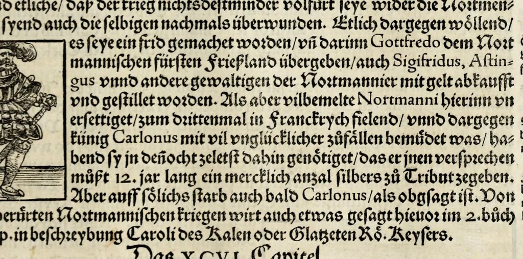 An illustration from Gemeiner loblicher Eydgnoschafft Stetten, Landen vnd Völckeren Chronick wirdiger Thaaten Beschreybung : hieriñ wirt auch die Gelegenheit der gantzen Europe : item ein kurtzuer griffne Chronica Germanie oder Teütschlands : in sonders aber ein fleyssige histori vnd ordenliche Beschreybung Gallie oder Franckrychs fürgestellt : darauff deñ obgedachte der Eydgnoschafft Beschreybung volget ..., 1548, leaf 477