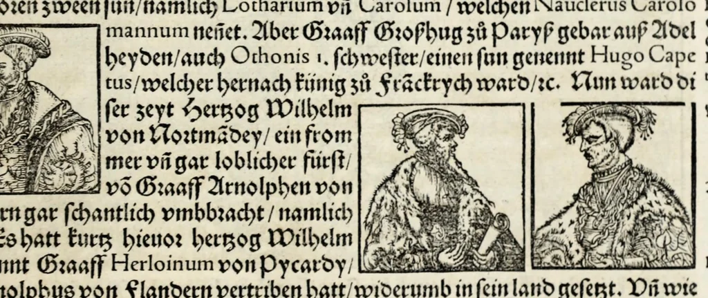 An illustration from Gemeiner loblicher Eydgnoschafft Stetten, Landen vnd Völckeren Chronick wirdiger Thaaten Beschreybung : hieriñ wirt auch die Gelegenheit der gantzen Europe : item ein kurtzuer griffne Chronica Germanie oder Teütschlands : in sonders aber ein fleyssige histori vnd ordenliche Beschreybung Gallie oder Franckrychs fürgestellt : darauff deñ obgedachte der Eydgnoschafft Beschreybung volget ..., 1548, leaf 487