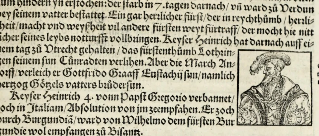 An illustration from Gemeiner loblicher Eydgnoschafft Stetten, Landen vnd Völckeren Chronick wirdiger Thaaten Beschreybung : hieriñ wirt auch die Gelegenheit der gantzen Europe : item ein kurtzuer griffne Chronica Germanie oder Teütschlands : in sonders aber ein fleyssige histori vnd ordenliche Beschreybung Gallie oder Franckrychs fürgestellt : darauff deñ obgedachte der Eydgnoschafft Beschreybung volget ..., 1548, leaf 505