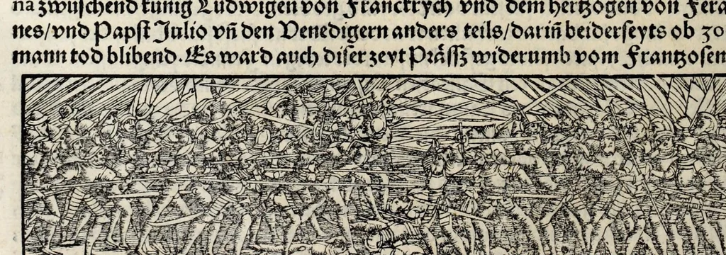 An illustration from Gemeiner loblicher Eydgnoschafft Stetten, Landen vnd Völckeren Chronick wirdiger Thaaten Beschreybung : hieriñ wirt auch die Gelegenheit der gantzen Europe : item ein kurtzuer griffne Chronica Germanie oder Teütschlands : in sonders aber ein fleyssige histori vnd ordenliche Beschreybung Gallie oder Franckrychs fürgestellt : darauff deñ obgedachte der Eydgnoschafft Beschreybung volget ..., 1548, leaf 540