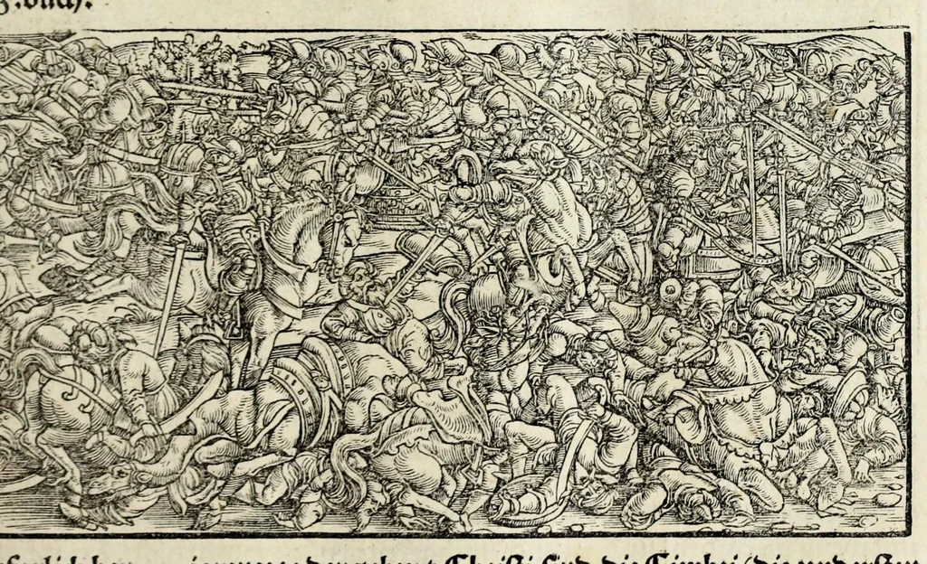 An illustration from Gemeiner loblicher Eydgnoschafft Stetten, Landen vnd Völckeren Chronick wirdiger Thaaten Beschreybung : hieriñ wirt auch die Gelegenheit der gantzen Europe : item ein kurtzuer griffne Chronica Germanie oder Teütschlands : in sonders aber ein fleyssige histori vnd ordenliche Beschreybung Gallie oder Franckrychs fürgestellt : darauff deñ obgedachte der Eydgnoschafft Beschreybung volget ..., 1548, leaf 73