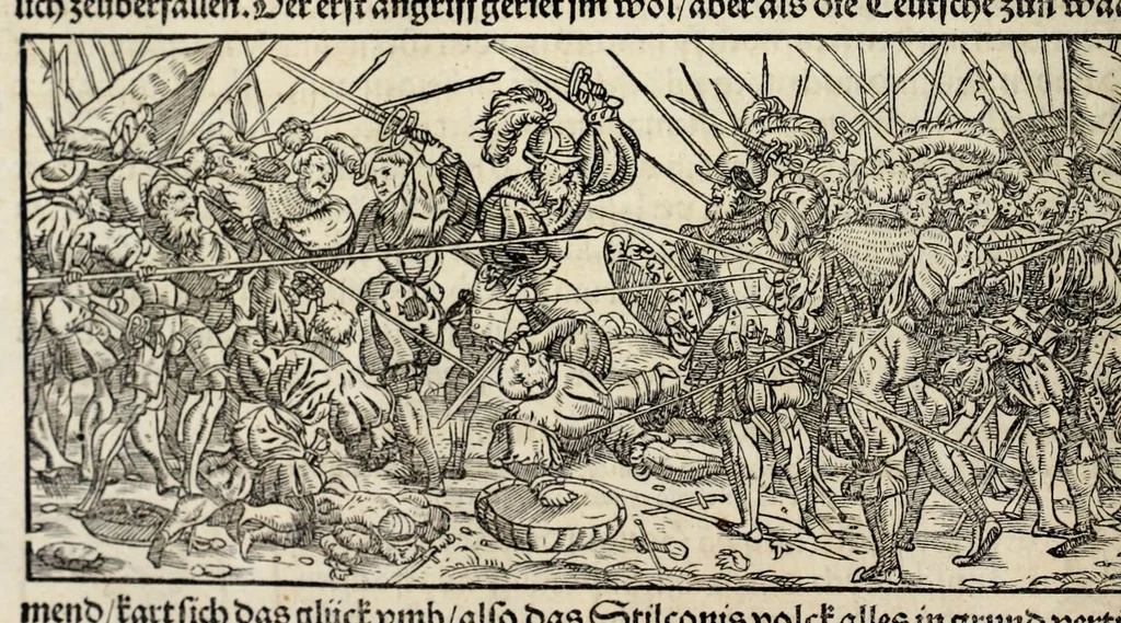 An illustration from Gemeiner loblicher Eydgnoschafft Stetten, Landen vnd Völckeren Chronick wirdiger Thaaten Beschreybung : hieriñ wirt auch die Gelegenheit der gantzen Europe : item ein kurtzuer griffne Chronica Germanie oder Teütschlands : in sonders aber ein fleyssige histori vnd ordenliche Beschreybung Gallie oder Franckrychs fürgestellt : darauff deñ obgedachte der Eydgnoschafft Beschreybung volget ..., 1548, leaf 82