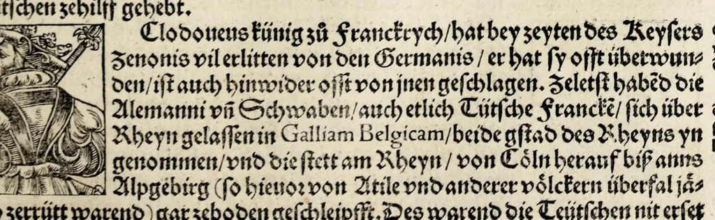 An illustration from Gemeiner loblicher Eydgnoschafft Stetten, Landen vnd Völckeren Chronick wirdiger Thaaten Beschreybung : hieriñ wirt auch die Gelegenheit der gantzen Europe : item ein kurtzuer griffne Chronica Germanie oder Teütschlands : in sonders aber ein fleyssige histori vnd ordenliche Beschreybung Gallie oder Franckrychs fürgestellt : darauff deñ obgedachte der Eydgnoschafft Beschreybung volget ..., 1548, leaf 87