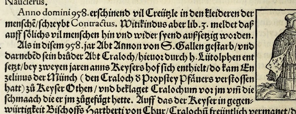 An illustration from Gemeiner loblicher Eydgnoschafft Stetten, Landen vnd Völckeren Chronick wirdiger Thaaten Beschreybung : hieriñ wirt auch die Gelegenheit der gantzen Europe : item ein kurtzuer griffne Chronica Germanie oder Teütschlands : in sonders aber ein fleyssige histori vnd ordenliche Beschreybung Gallie oder Franckrychs fürgestellt : darauff deñ obgedachte der Eydgnoschafft Beschreybung volget ..., 1548, leaf 106