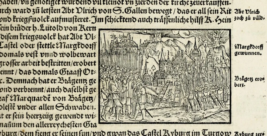 An illustration from Gemeiner loblicher Eydgnoschafft Stetten, Landen vnd Völckeren Chronick wirdiger Thaaten Beschreybung : hieriñ wirt auch die Gelegenheit der gantzen Europe : item ein kurtzuer griffne Chronica Germanie oder Teütschlands : in sonders aber ein fleyssige histori vnd ordenliche Beschreybung Gallie oder Franckrychs fürgestellt : darauff deñ obgedachte der Eydgnoschafft Beschreybung volget ..., 1548, leaf 127