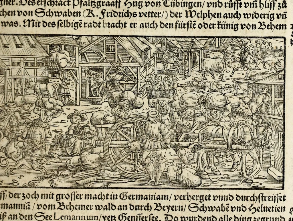 An illustration from Gemeiner loblicher Eydgnoschafft Stetten, Landen vnd Völckeren Chronick wirdiger Thaaten Beschreybung : hieriñ wirt auch die Gelegenheit der gantzen Europe : item ein kurtzuer griffne Chronica Germanie oder Teütschlands : in sonders aber ein fleyssige histori vnd ordenliche Beschreybung Gallie oder Franckrychs fürgestellt : darauff deñ obgedachte der Eydgnoschafft Beschreybung volget ..., 1548, leaf 141