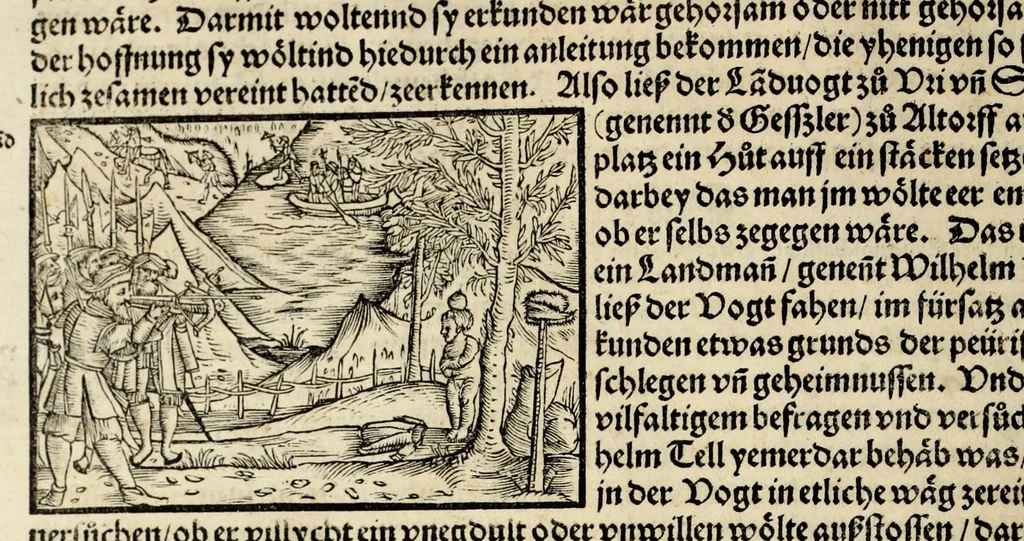 An illustration from Gemeiner loblicher Eydgnoschafft Stetten, Landen vnd Völckeren Chronick wirdiger Thaaten Beschreybung : hieriñ wirt auch die Gelegenheit der gantzen Europe : item ein kurtzuer griffne Chronica Germanie oder Teütschlands : in sonders aber ein fleyssige histori vnd ordenliche Beschreybung Gallie oder Franckrychs fürgestellt : darauff deñ obgedachte der Eydgnoschafft Beschreybung volget ..., 1548, leaf 152