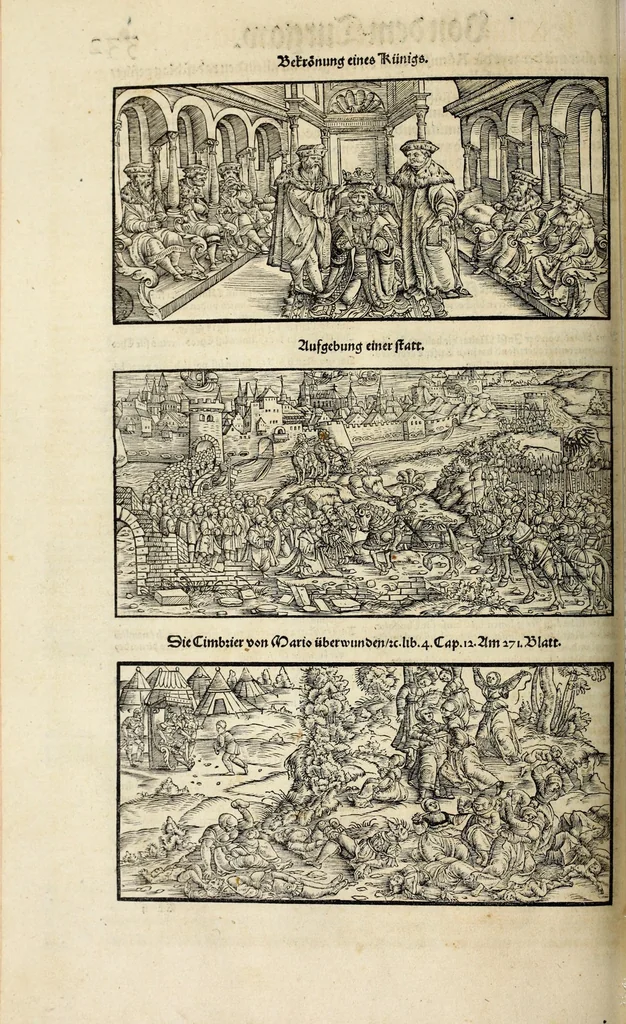 An illustration from Gemeiner loblicher Eydgnoschafft Stetten, Landen vnd Völckeren Chronick wirdiger Thaaten Beschreybung : hieriñ wirt auch die Gelegenheit der gantzen Europe : item ein kurtzuer griffne Chronica Germanie oder Teütschlands : in sonders aber ein fleyssige histori vnd ordenliche Beschreybung Gallie oder Franckrychs fürgestellt : darauff deñ obgedachte der Eydgnoschafft Beschreybung volget ..., 1548, leaf 160