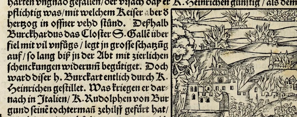An illustration from Gemeiner loblicher Eydgnoschafft Stetten, Landen vnd Völckeren Chronick wirdiger Thaaten Beschreybung : hieriñ wirt auch die Gelegenheit der gantzen Europe : item ein kurtzuer griffne Chronica Germanie oder Teütschlands : in sonders aber ein fleyssige histori vnd ordenliche Beschreybung Gallie oder Franckrychs fürgestellt : darauff deñ obgedachte der Eydgnoschafft Beschreybung volget ..., 1548, leaf 214