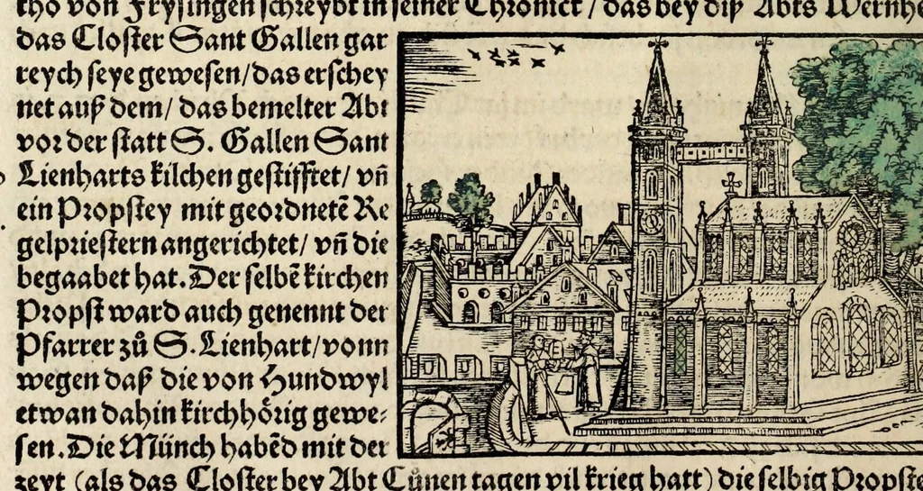 An illustration from Gemeiner loblicher Eydgnoschafft Stetten, Landen vnd Völckeren Chronick wirdiger Thaaten Beschreybung : hieriñ wirt auch die Gelegenheit der gantzen Europe : item ein kurtzuer griffne Chronica Germanie oder Teütschlands : in sonders aber ein fleyssige histori vnd ordenliche Beschreybung Gallie oder Franckrychs fürgestellt : darauff deñ obgedachte der Eydgnoschafft Beschreybung volget ..., 1548, leaf 222
