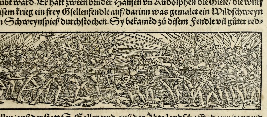 An illustration from Gemeiner loblicher Eydgnoschafft Stetten, Landen vnd Völckeren Chronick wirdiger Thaaten Beschreybung : hieriñ wirt auch die Gelegenheit der gantzen Europe : item ein kurtzuer griffne Chronica Germanie oder Teütschlands : in sonders aber ein fleyssige histori vnd ordenliche Beschreybung Gallie oder Franckrychs fürgestellt : darauff deñ obgedachte der Eydgnoschafft Beschreybung volget ..., 1548, leaf 255