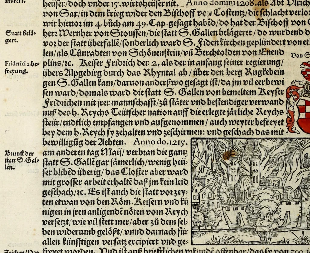 An illustration from Gemeiner loblicher Eydgnoschafft Stetten, Landen vnd Völckeren Chronick wirdiger Thaaten Beschreybung : hieriñ wirt auch die Gelegenheit der gantzen Europe : item ein kurtzuer griffne Chronica Germanie oder Teütschlands : in sonders aber ein fleyssige histori vnd ordenliche Beschreybung Gallie oder Franckrychs fürgestellt : darauff deñ obgedachte der Eydgnoschafft Beschreybung volget ..., 1548, leaf 264