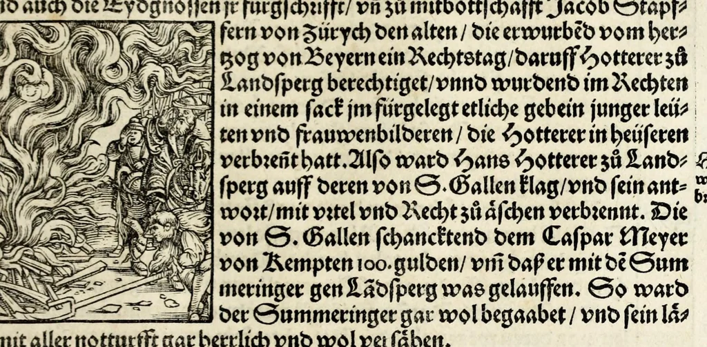 An illustration from Gemeiner loblicher Eydgnoschafft Stetten, Landen vnd Völckeren Chronick wirdiger Thaaten Beschreybung : hieriñ wirt auch die Gelegenheit der gantzen Europe : item ein kurtzuer griffne Chronica Germanie oder Teütschlands : in sonders aber ein fleyssige histori vnd ordenliche Beschreybung Gallie oder Franckrychs fürgestellt : darauff deñ obgedachte der Eydgnoschafft Beschreybung volget ..., 1548, leaf 271