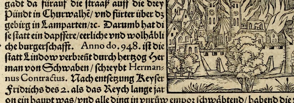 An illustration from Gemeiner loblicher Eydgnoschafft Stetten, Landen vnd Völckeren Chronick wirdiger Thaaten Beschreybung : hieriñ wirt auch die Gelegenheit der gantzen Europe : item ein kurtzuer griffne Chronica Germanie oder Teütschlands : in sonders aber ein fleyssige histori vnd ordenliche Beschreybung Gallie oder Franckrychs fürgestellt : darauff deñ obgedachte der Eydgnoschafft Beschreybung volget ..., 1548, leaf 280