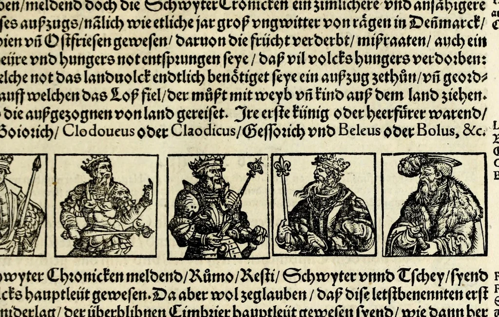 An illustration from Gemeiner loblicher Eydgnoschafft Stetten, Landen vnd Völckeren Chronick wirdiger Thaaten Beschreybung : hieriñ wirt auch die Gelegenheit der gantzen Europe : item ein kurtzuer griffne Chronica Germanie oder Teütschlands : in sonders aber ein fleyssige histori vnd ordenliche Beschreybung Gallie oder Franckrychs fürgestellt : darauff deñ obgedachte der Eydgnoschafft Beschreybung volget ..., 1548, leaf 29