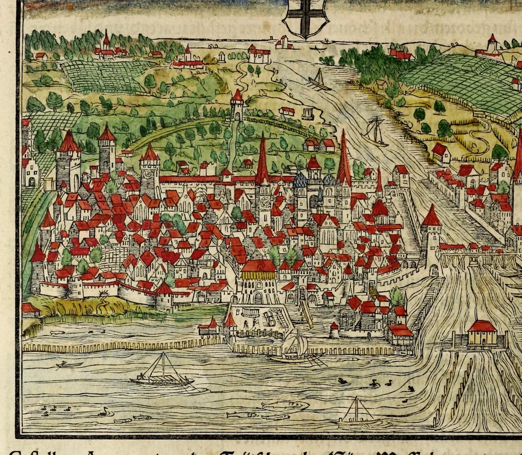 An illustration from Gemeiner loblicher Eydgnoschafft Stetten, Landen vnd Völckeren Chronick wirdiger Thaaten Beschreybung : hieriñ wirt auch die Gelegenheit der gantzen Europe : item ein kurtzuer griffne Chronica Germanie oder Teütschlands : in sonders aber ein fleyssige histori vnd ordenliche Beschreybung Gallie oder Franckrychs fürgestellt : darauff deñ obgedachte der Eydgnoschafft Beschreybung volget ..., 1548, leaf 290