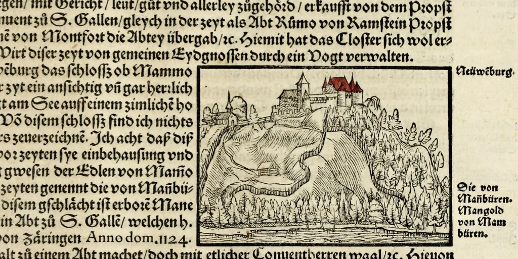 An illustration from Gemeiner loblicher Eydgnoschafft Stetten, Landen vnd Völckeren Chronick wirdiger Thaaten Beschreybung : hieriñ wirt auch die Gelegenheit der gantzen Europe : item ein kurtzuer griffne Chronica Germanie oder Teütschlands : in sonders aber ein fleyssige histori vnd ordenliche Beschreybung Gallie oder Franckrychs fürgestellt : darauff deñ obgedachte der Eydgnoschafft Beschreybung volget ..., 1548, leaf 319