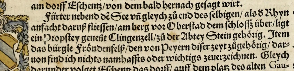 An illustration from Gemeiner loblicher Eydgnoschafft Stetten, Landen vnd Völckeren Chronick wirdiger Thaaten Beschreybung : hieriñ wirt auch die Gelegenheit der gantzen Europe : item ein kurtzuer griffne Chronica Germanie oder Teütschlands : in sonders aber ein fleyssige histori vnd ordenliche Beschreybung Gallie oder Franckrychs fürgestellt : darauff deñ obgedachte der Eydgnoschafft Beschreybung volget ..., 1548, leaf 319