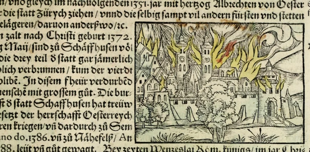 An illustration from Gemeiner loblicher Eydgnoschafft Stetten, Landen vnd Völckeren Chronick wirdiger Thaaten Beschreybung : hieriñ wirt auch die Gelegenheit der gantzen Europe : item ein kurtzuer griffne Chronica Germanie oder Teütschlands : in sonders aber ein fleyssige histori vnd ordenliche Beschreybung Gallie oder Franckrychs fürgestellt : darauff deñ obgedachte der Eydgnoschafft Beschreybung volget ..., 1548, leaf 333