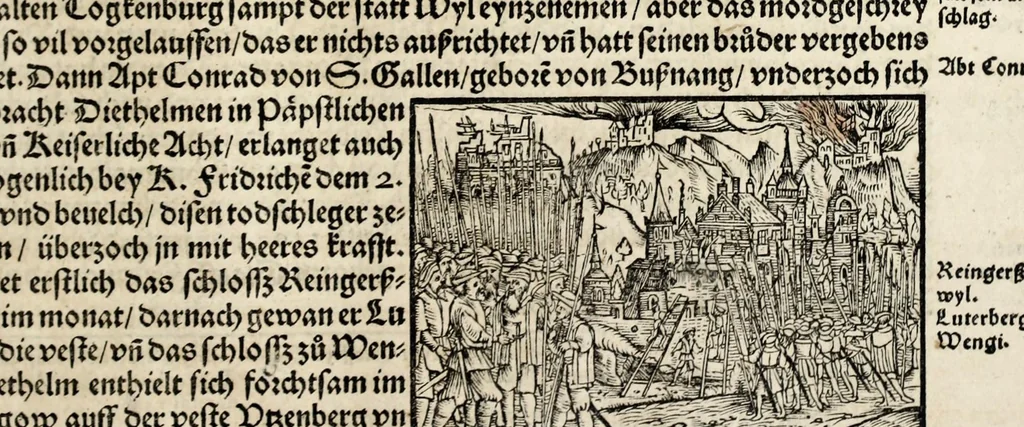 An illustration from Gemeiner loblicher Eydgnoschafft Stetten, Landen vnd Völckeren Chronick wirdiger Thaaten Beschreybung : hieriñ wirt auch die Gelegenheit der gantzen Europe : item ein kurtzuer griffne Chronica Germanie oder Teütschlands : in sonders aber ein fleyssige histori vnd ordenliche Beschreybung Gallie oder Franckrychs fürgestellt : darauff deñ obgedachte der Eydgnoschafft Beschreybung volget ..., 1548, leaf 341