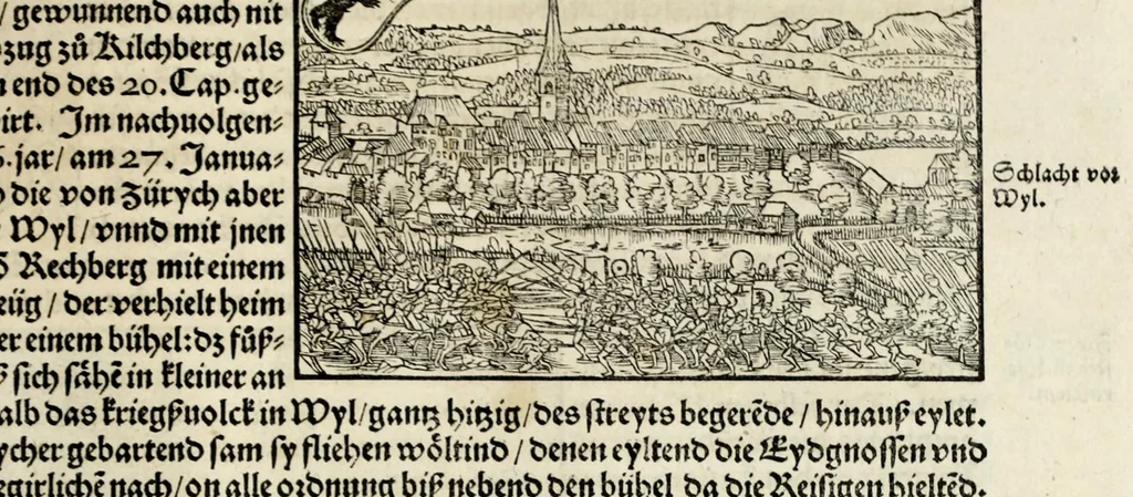 An illustration from Gemeiner loblicher Eydgnoschafft Stetten, Landen vnd Völckeren Chronick wirdiger Thaaten Beschreybung : hieriñ wirt auch die Gelegenheit der gantzen Europe : item ein kurtzuer griffne Chronica Germanie oder Teütschlands : in sonders aber ein fleyssige histori vnd ordenliche Beschreybung Gallie oder Franckrychs fürgestellt : darauff deñ obgedachte der Eydgnoschafft Beschreybung volget ..., 1548, leaf 349