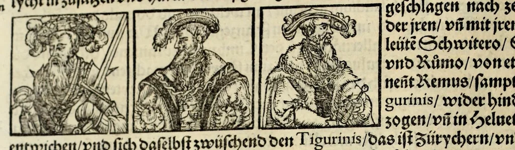 An illustration from Gemeiner loblicher Eydgnoschafft Stetten, Landen vnd Völckeren Chronick wirdiger Thaaten Beschreybung : hieriñ wirt auch die Gelegenheit der gantzen Europe : item ein kurtzuer griffne Chronica Germanie oder Teütschlands : in sonders aber ein fleyssige histori vnd ordenliche Beschreybung Gallie oder Franckrychs fürgestellt : darauff deñ obgedachte der Eydgnoschafft Beschreybung volget ..., 1548, leaf 36