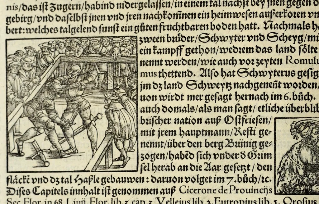 An illustration from Gemeiner loblicher Eydgnoschafft Stetten, Landen vnd Völckeren Chronick wirdiger Thaaten Beschreybung : hieriñ wirt auch die Gelegenheit der gantzen Europe : item ein kurtzuer griffne Chronica Germanie oder Teütschlands : in sonders aber ein fleyssige histori vnd ordenliche Beschreybung Gallie oder Franckrychs fürgestellt : darauff deñ obgedachte der Eydgnoschafft Beschreybung volget ..., 1548, leaf 36