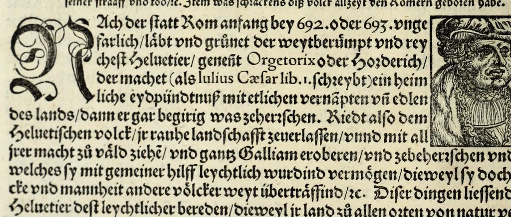 An illustration from Gemeiner loblicher Eydgnoschafft Stetten, Landen vnd Völckeren Chronick wirdiger Thaaten Beschreybung : hieriñ wirt auch die Gelegenheit der gantzen Europe : item ein kurtzuer griffne Chronica Germanie oder Teütschlands : in sonders aber ein fleyssige histori vnd ordenliche Beschreybung Gallie oder Franckrychs fürgestellt : darauff deñ obgedachte der Eydgnoschafft Beschreybung volget ..., 1548, leaf 36