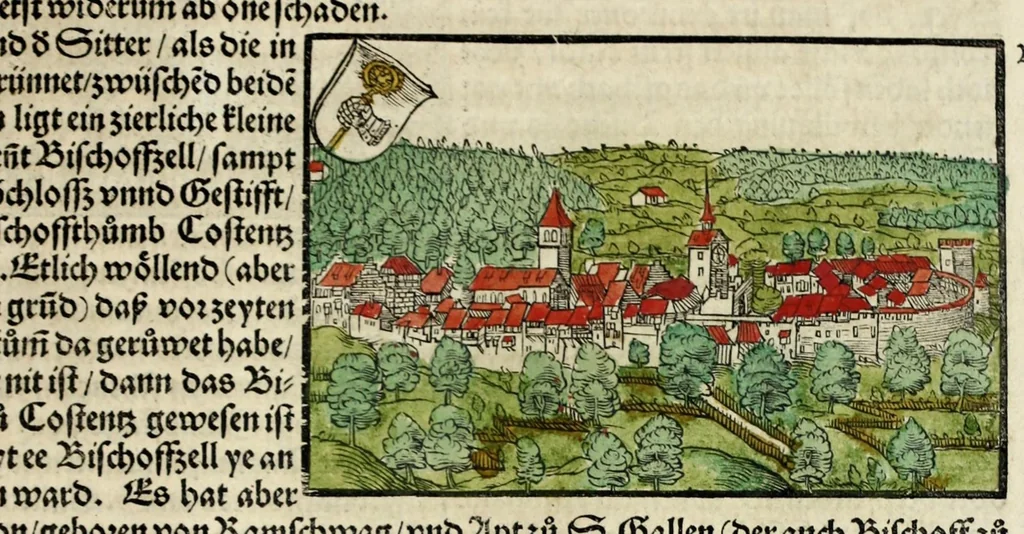 An illustration from Gemeiner loblicher Eydgnoschafft Stetten, Landen vnd Völckeren Chronick wirdiger Thaaten Beschreybung : hieriñ wirt auch die Gelegenheit der gantzen Europe : item ein kurtzuer griffne Chronica Germanie oder Teütschlands : in sonders aber ein fleyssige histori vnd ordenliche Beschreybung Gallie oder Franckrychs fürgestellt : darauff deñ obgedachte der Eydgnoschafft Beschreybung volget ..., 1548, leaf 363