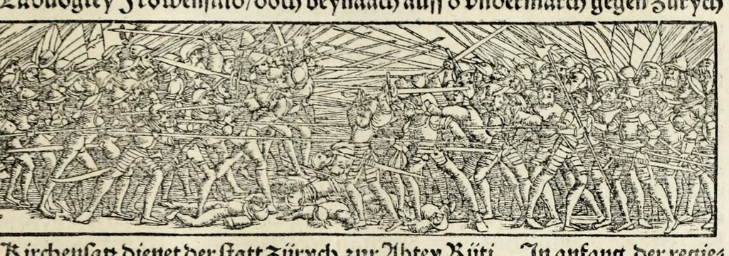 An illustration from Gemeiner loblicher Eydgnoschafft Stetten, Landen vnd Völckeren Chronick wirdiger Thaaten Beschreybung : hieriñ wirt auch die Gelegenheit der gantzen Europe : item ein kurtzuer griffne Chronica Germanie oder Teütschlands : in sonders aber ein fleyssige histori vnd ordenliche Beschreybung Gallie oder Franckrychs fürgestellt : darauff deñ obgedachte der Eydgnoschafft Beschreybung volget ..., 1548, leaf 373
