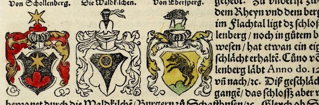 An illustration from Gemeiner loblicher Eydgnoschafft Stetten, Landen vnd Völckeren Chronick wirdiger Thaaten Beschreybung : hieriñ wirt auch die Gelegenheit der gantzen Europe : item ein kurtzuer griffne Chronica Germanie oder Teütschlands : in sonders aber ein fleyssige histori vnd ordenliche Beschreybung Gallie oder Franckrychs fürgestellt : darauff deñ obgedachte der Eydgnoschafft Beschreybung volget ..., 1548, leaf 380
