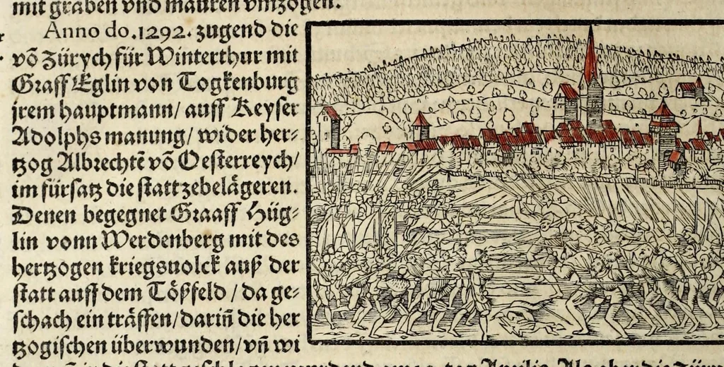 An illustration from Gemeiner loblicher Eydgnoschafft Stetten, Landen vnd Völckeren Chronick wirdiger Thaaten Beschreybung : hieriñ wirt auch die Gelegenheit der gantzen Europe : item ein kurtzuer griffne Chronica Germanie oder Teütschlands : in sonders aber ein fleyssige histori vnd ordenliche Beschreybung Gallie oder Franckrychs fürgestellt : darauff deñ obgedachte der Eydgnoschafft Beschreybung volget ..., 1548, leaf 398