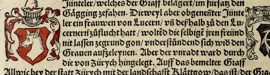 An illustration from Gemeiner loblicher Eydgnoschafft Stetten, Landen vnd Völckeren Chronick wirdiger Thaaten Beschreybung : hieriñ wirt auch die Gelegenheit der gantzen Europe : item ein kurtzuer griffne Chronica Germanie oder Teütschlands : in sonders aber ein fleyssige histori vnd ordenliche Beschreybung Gallie oder Franckrychs fürgestellt : darauff deñ obgedachte der Eydgnoschafft Beschreybung volget ..., 1548, leaf 410