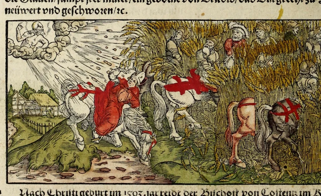 An illustration from Gemeiner loblicher Eydgnoschafft Stetten, Landen vnd Völckeren Chronick wirdiger Thaaten Beschreybung : hieriñ wirt auch die Gelegenheit der gantzen Europe : item ein kurtzuer griffne Chronica Germanie oder Teütschlands : in sonders aber ein fleyssige histori vnd ordenliche Beschreybung Gallie oder Franckrychs fürgestellt : darauff deñ obgedachte der Eydgnoschafft Beschreybung volget ..., 1548, leaf 410