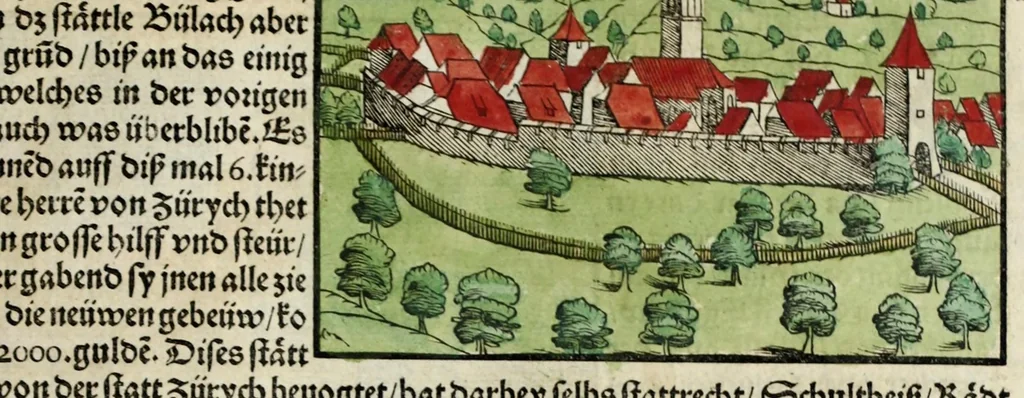 An illustration from Gemeiner loblicher Eydgnoschafft Stetten, Landen vnd Völckeren Chronick wirdiger Thaaten Beschreybung : hieriñ wirt auch die Gelegenheit der gantzen Europe : item ein kurtzuer griffne Chronica Germanie oder Teütschlands : in sonders aber ein fleyssige histori vnd ordenliche Beschreybung Gallie oder Franckrychs fürgestellt : darauff deñ obgedachte der Eydgnoschafft Beschreybung volget ..., 1548, leaf 435