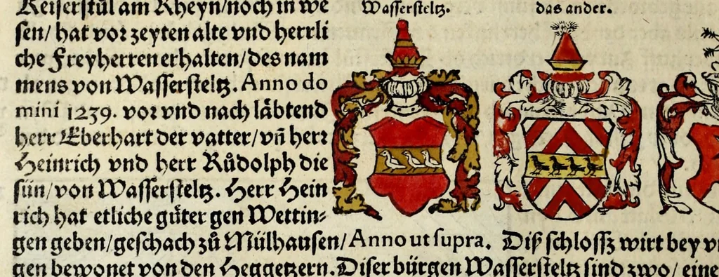 An illustration from Gemeiner loblicher Eydgnoschafft Stetten, Landen vnd Völckeren Chronick wirdiger Thaaten Beschreybung : hieriñ wirt auch die Gelegenheit der gantzen Europe : item ein kurtzuer griffne Chronica Germanie oder Teütschlands : in sonders aber ein fleyssige histori vnd ordenliche Beschreybung Gallie oder Franckrychs fürgestellt : darauff deñ obgedachte der Eydgnoschafft Beschreybung volget ..., 1548, leaf 438
