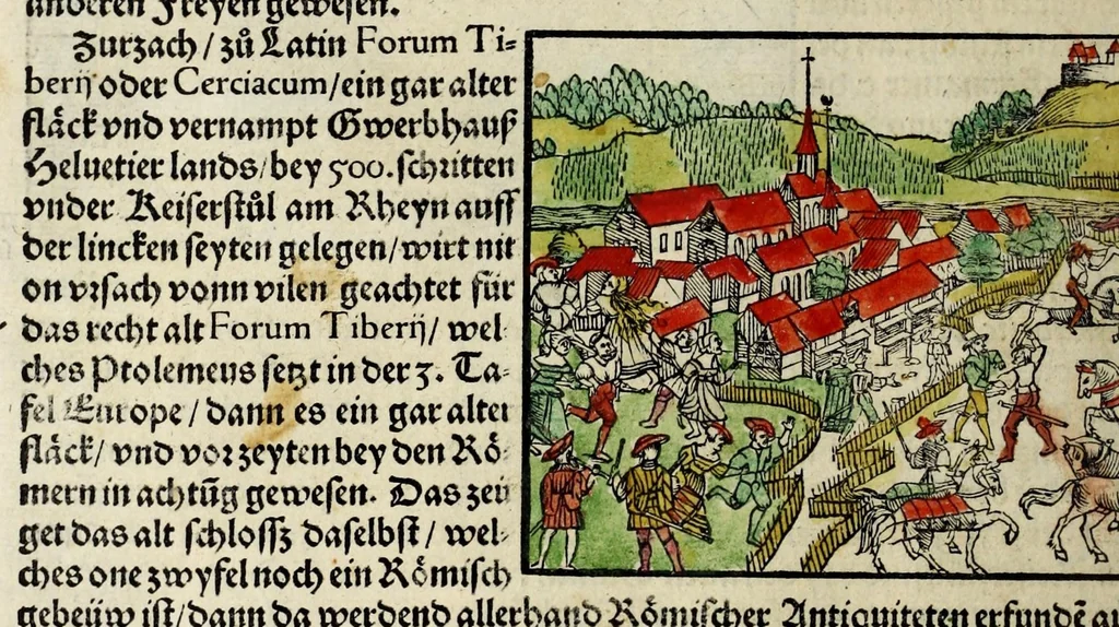 An illustration from Gemeiner loblicher Eydgnoschafft Stetten, Landen vnd Völckeren Chronick wirdiger Thaaten Beschreybung : hieriñ wirt auch die Gelegenheit der gantzen Europe : item ein kurtzuer griffne Chronica Germanie oder Teütschlands : in sonders aber ein fleyssige histori vnd ordenliche Beschreybung Gallie oder Franckrychs fürgestellt : darauff deñ obgedachte der Eydgnoschafft Beschreybung volget ..., 1548, leaf 438