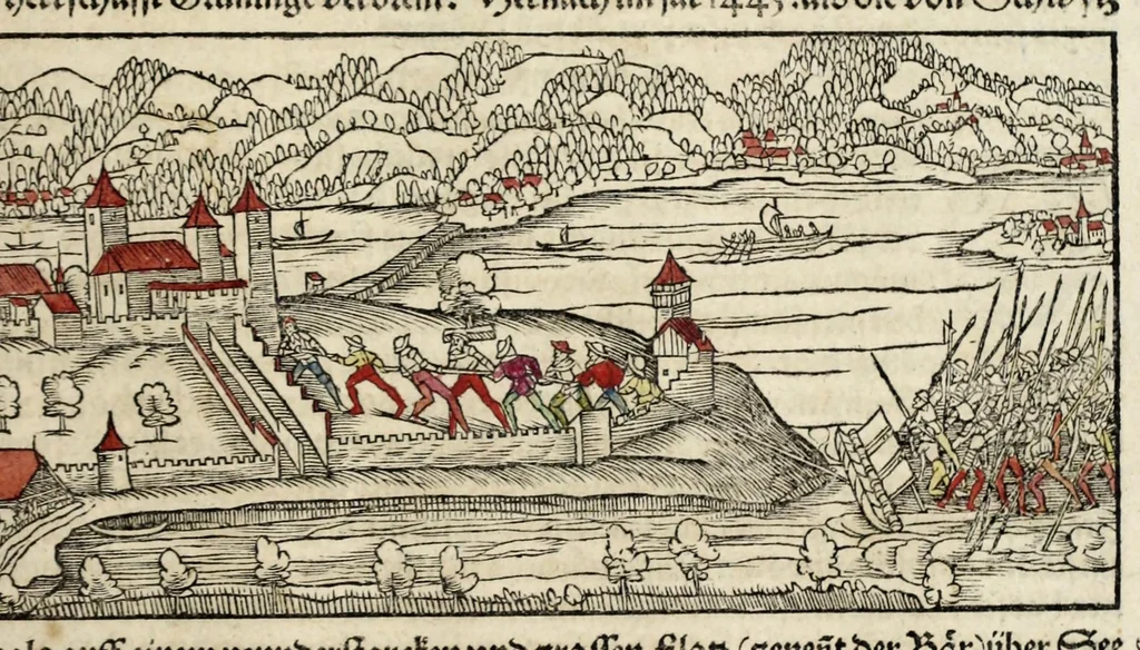 An illustration from Gemeiner loblicher Eydgnoschafft Stetten, Landen vnd Völckeren Chronick wirdiger Thaaten Beschreybung : hieriñ wirt auch die Gelegenheit der gantzen Europe : item ein kurtzuer griffne Chronica Germanie oder Teütschlands : in sonders aber ein fleyssige histori vnd ordenliche Beschreybung Gallie oder Franckrychs fürgestellt : darauff deñ obgedachte der Eydgnoschafft Beschreybung volget ..., 1548, leaf 459