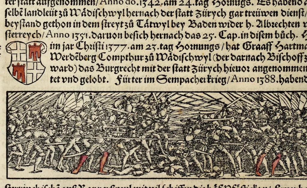 An illustration from Gemeiner loblicher Eydgnoschafft Stetten, Landen vnd Völckeren Chronick wirdiger Thaaten Beschreybung : hieriñ wirt auch die Gelegenheit der gantzen Europe : item ein kurtzuer griffne Chronica Germanie oder Teütschlands : in sonders aber ein fleyssige histori vnd ordenliche Beschreybung Gallie oder Franckrychs fürgestellt : darauff deñ obgedachte der Eydgnoschafft Beschreybung volget ..., 1548, leaf 466