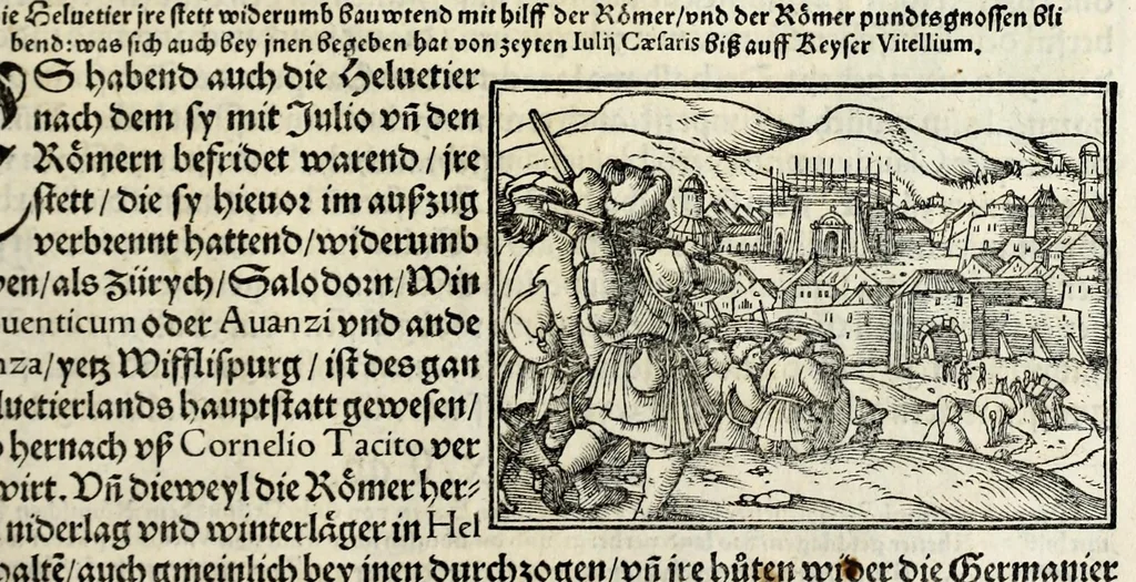 An illustration from Gemeiner loblicher Eydgnoschafft Stetten, Landen vnd Völckeren Chronick wirdiger Thaaten Beschreybung : hieriñ wirt auch die Gelegenheit der gantzen Europe : item ein kurtzuer griffne Chronica Germanie oder Teütschlands : in sonders aber ein fleyssige histori vnd ordenliche Beschreybung Gallie oder Franckrychs fürgestellt : darauff deñ obgedachte der Eydgnoschafft Beschreybung volget ..., 1548, leaf 47